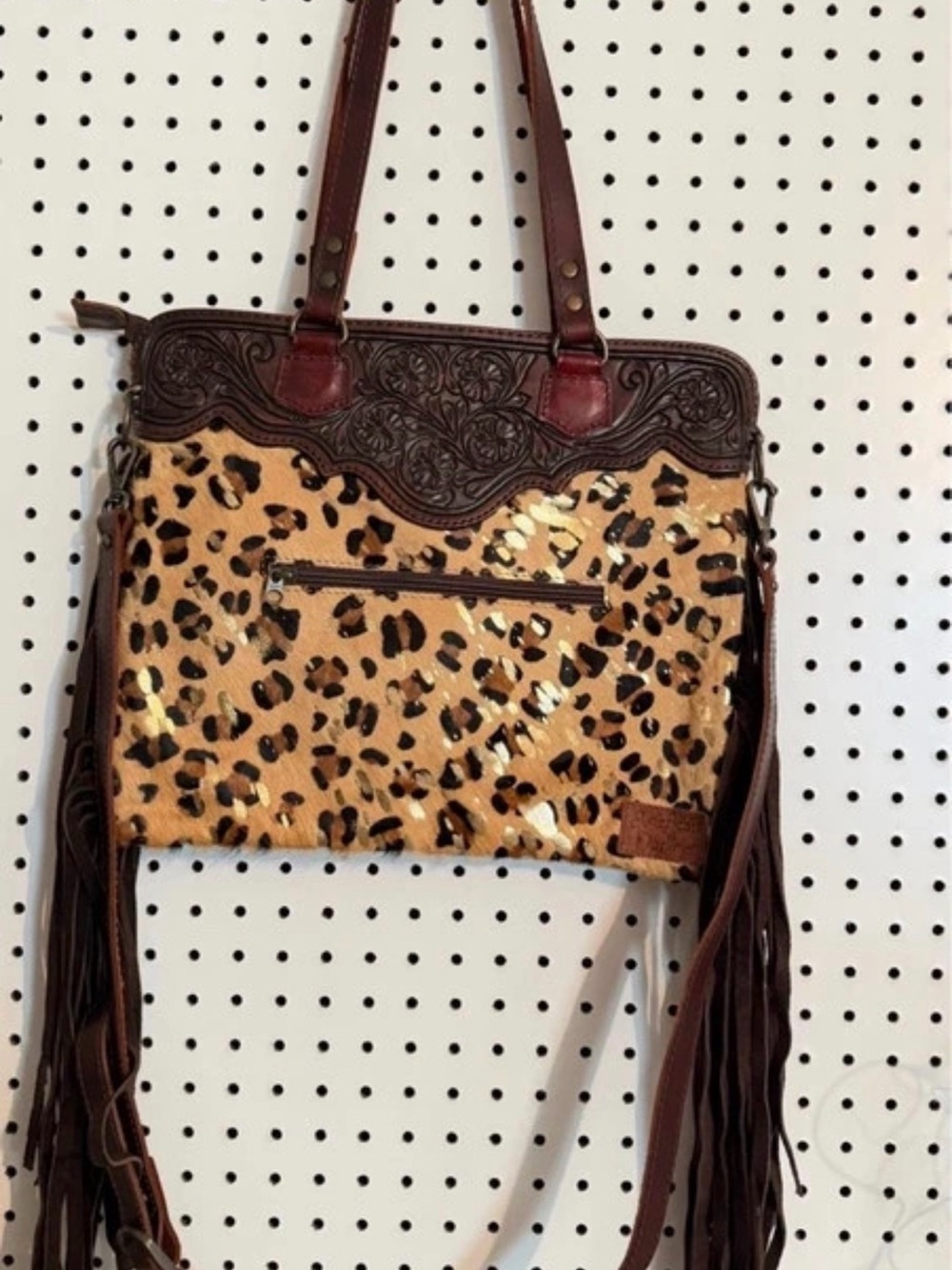 Leopard-Print Fringe Shoulder Bag with Brown Leather Trim American Darling